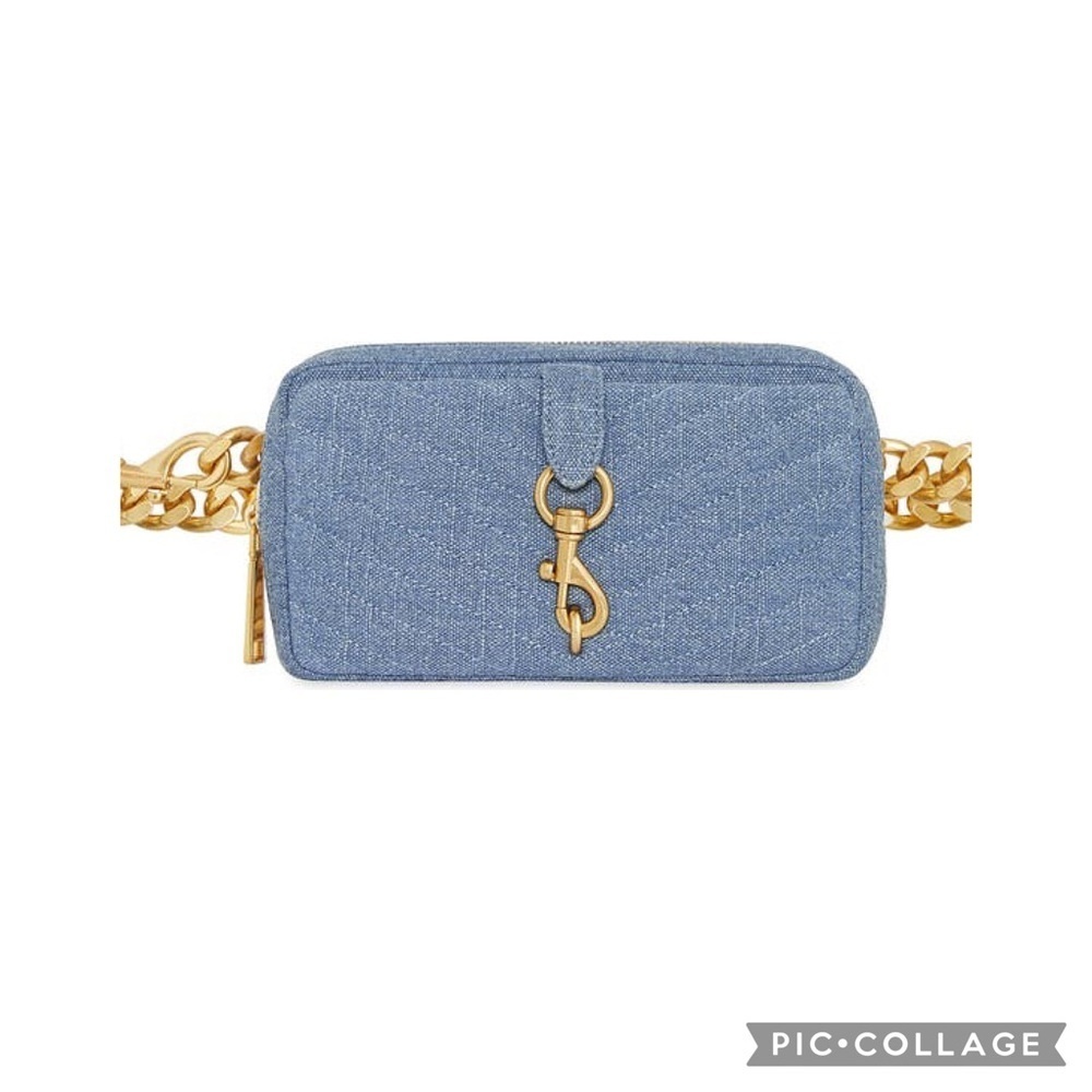 Rebecca Minkoff Eddie Blue Denim Chevron Quilted Gold Chain Belt Bag NWT